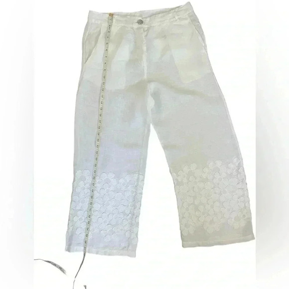 LaFabbricadeilino 100% Linen white floral derail pants size M Italy made Boho - Picture 6 of 12